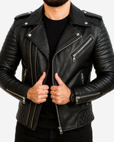 Black leather biker jacket for men