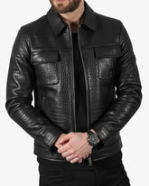 Men’s Black Crocodile-Embossed Leather Jacket