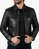 Men’s Black Crocodile-Embossed Leather Jacket