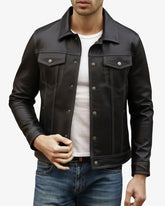 Black Leather Trucker Jacket for Men