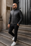 Black Leather Puffer Jacket for Men