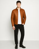 Tobacco Leather Puffer Jacket For Men
