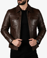 Men’s Brown Crocodile-Embossed Leather Jacket