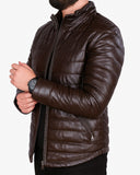 Brown Leather Puffer Jacket For Men