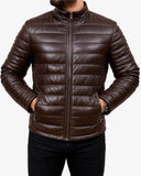 Brown Leather Puffer Jacket For Men