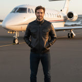 Obsidian black leather pilot jacket