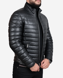Black Leather Puffer Jacket for Men