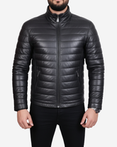 Black Leather Puffer Jacket for Men