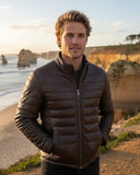 Brown Leather Puffer Jacket For Men