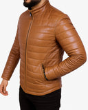 Tobacco Leather Puffer Jacket For Men