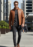 Tobacco Leather Puffer Jacket For Men