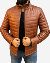 Tobacco Leather Puffer Jacket For Men