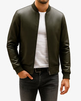 Premium Olive Leather Bomber Jacket