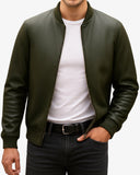 Premium Olive Leather Bomber Jacket