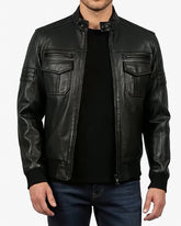Obsidian black leather pilot jacket
