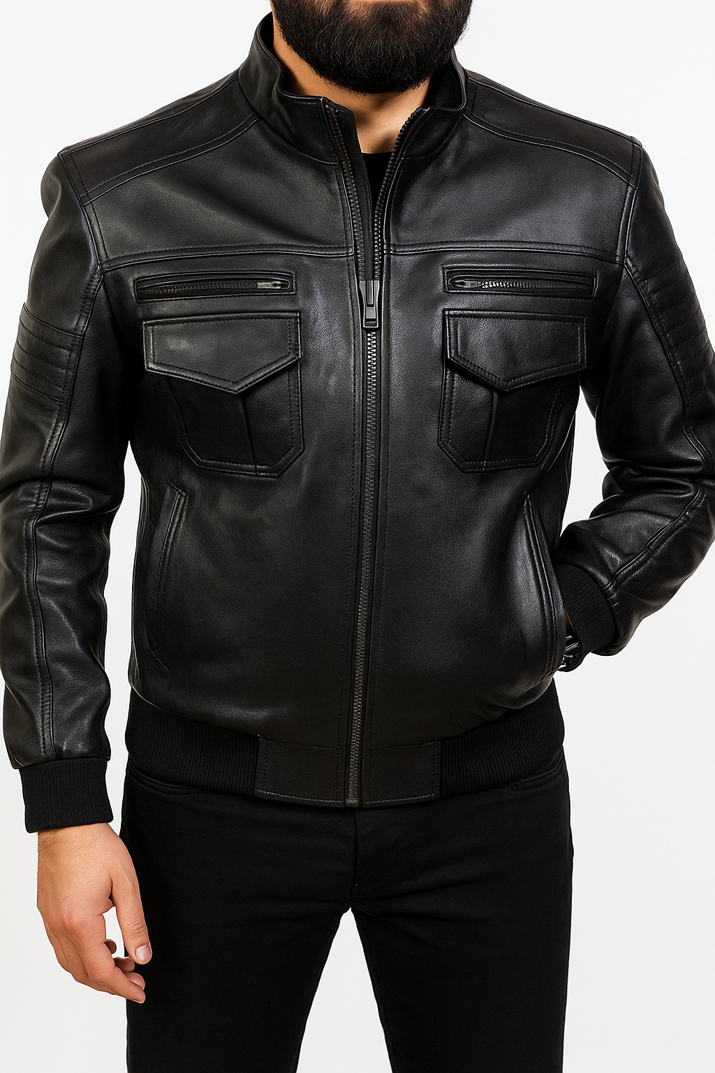 Obsidian black leather pilot jacket