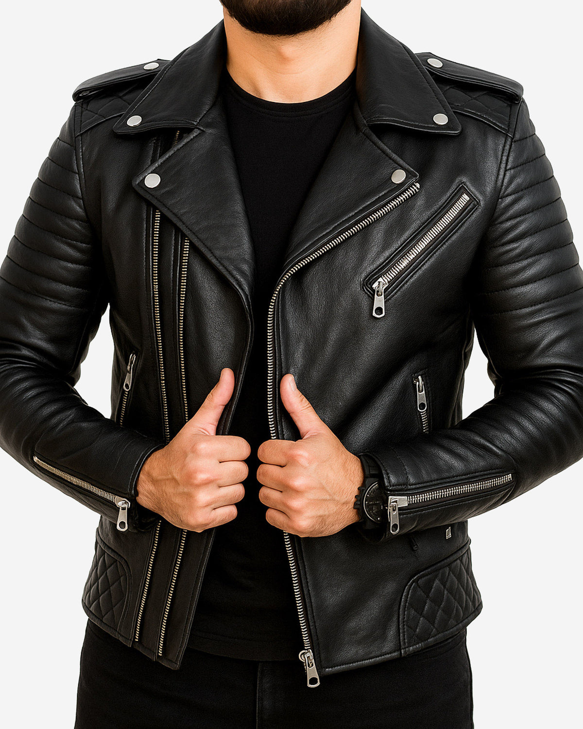 Black leather biker jacket for men