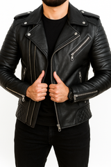 Black leather biker jacket for men