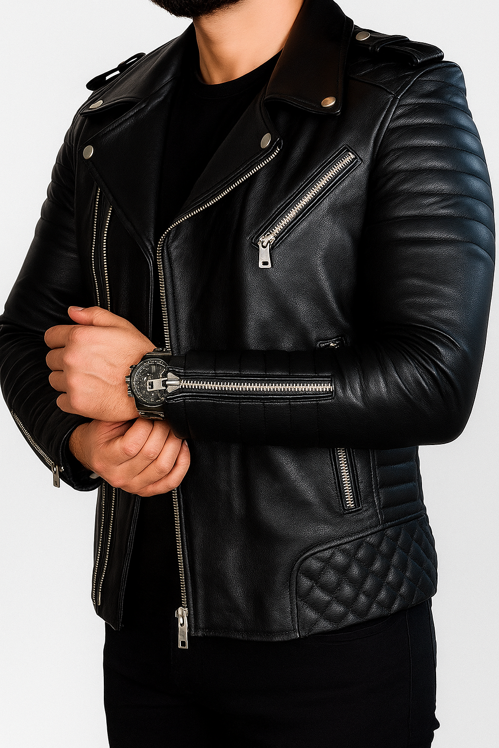 Black leather biker jacket for men