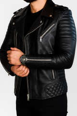 Black leather biker jacket for men