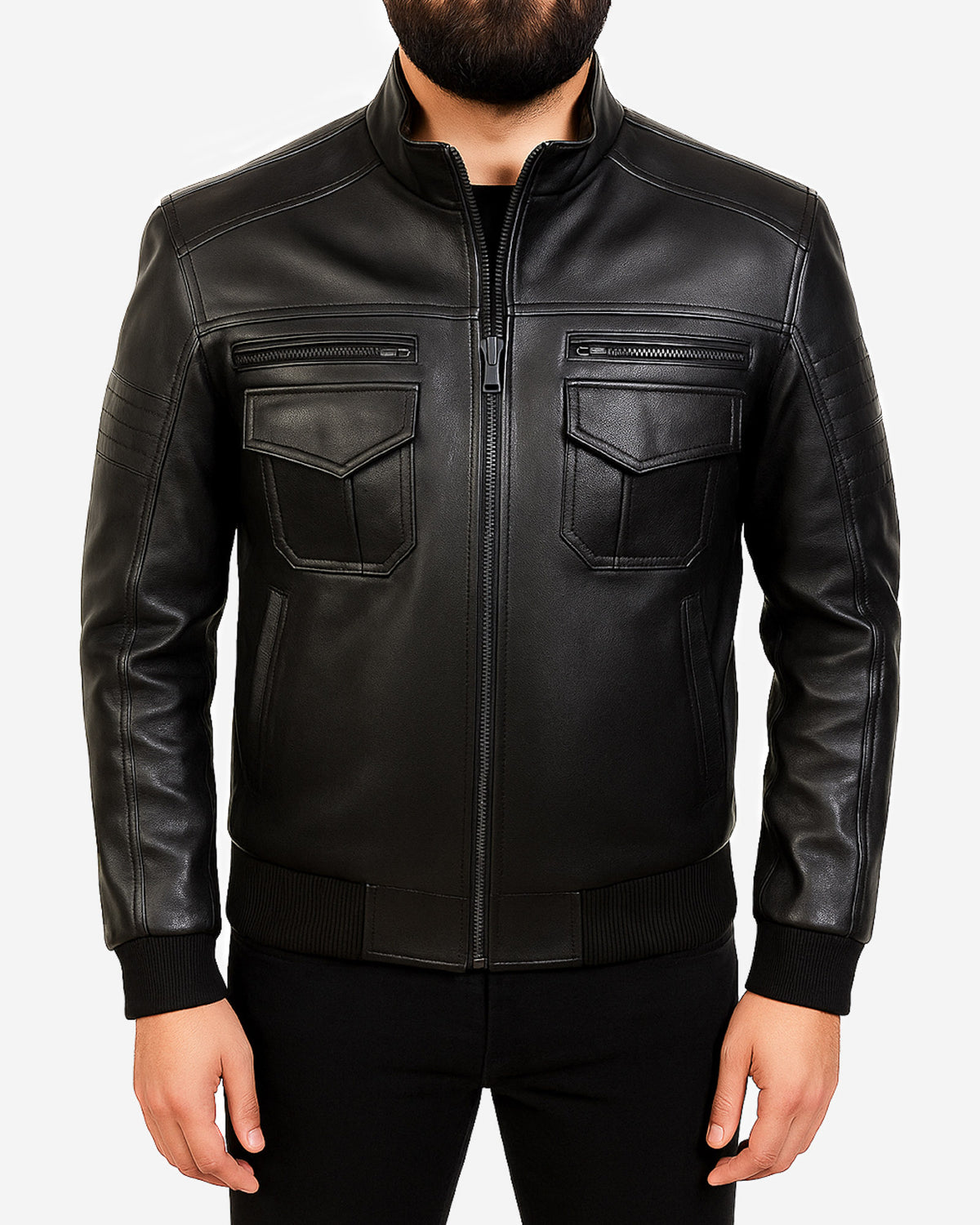 Obsidian black leather pilot jacket