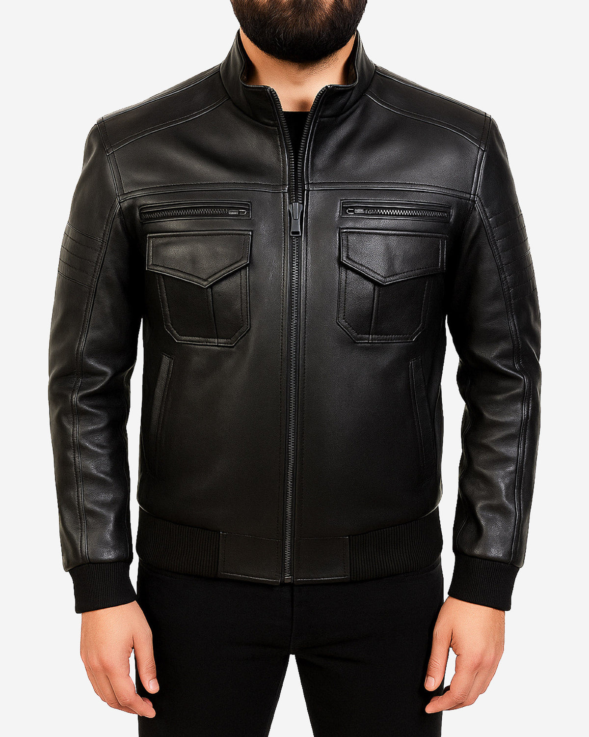 Obsidian black leather pilot jacket
