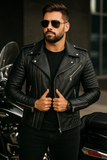Black leather biker jacket for men