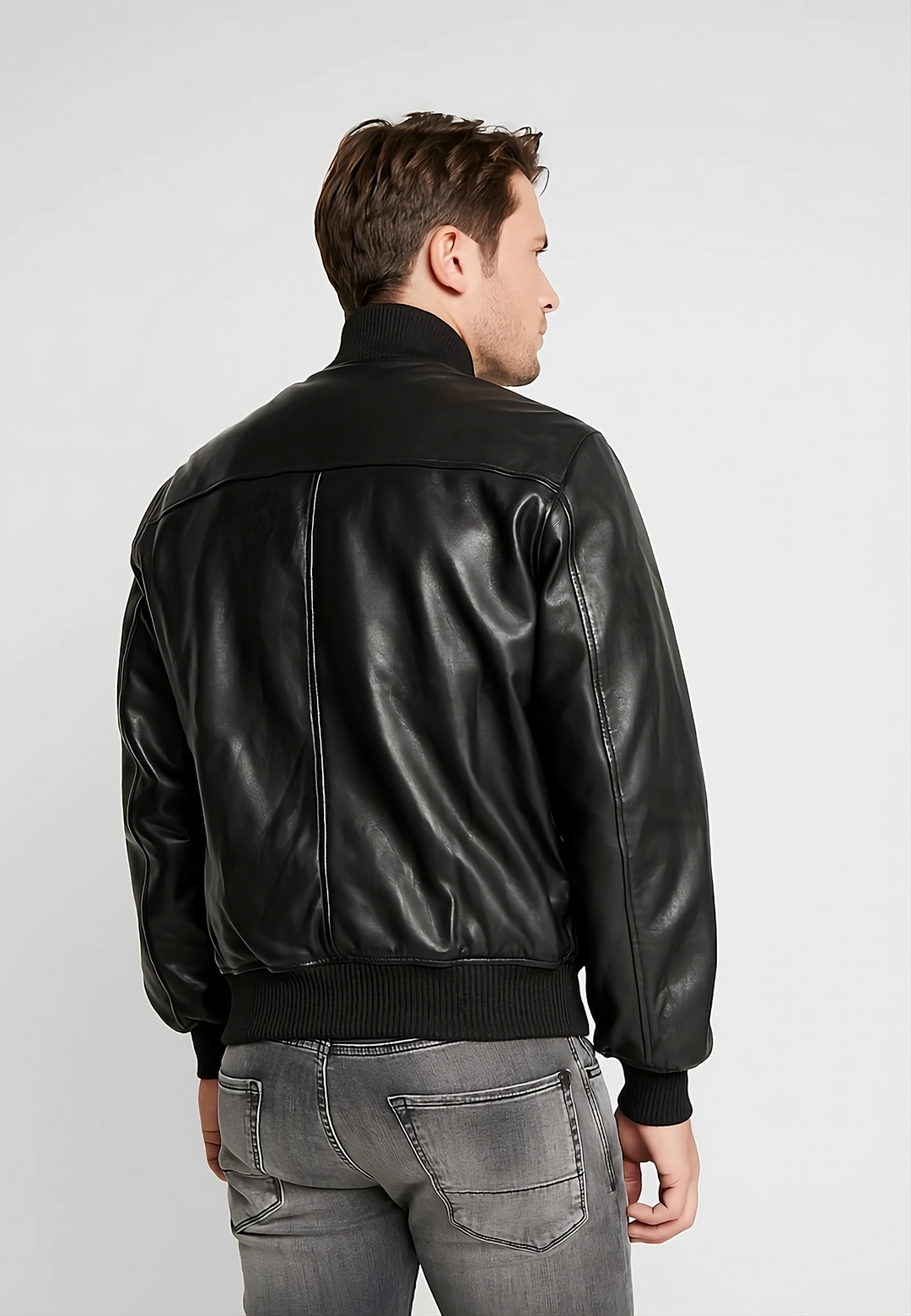 Adjustable Collar Black Leather Jacket