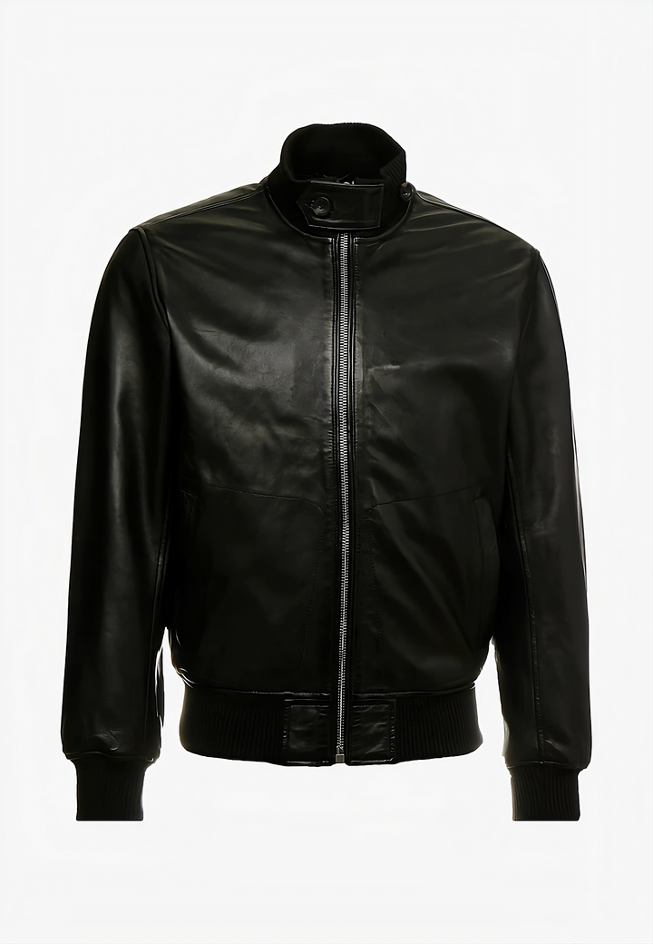 Adjustable Collar Black Leather Jacket