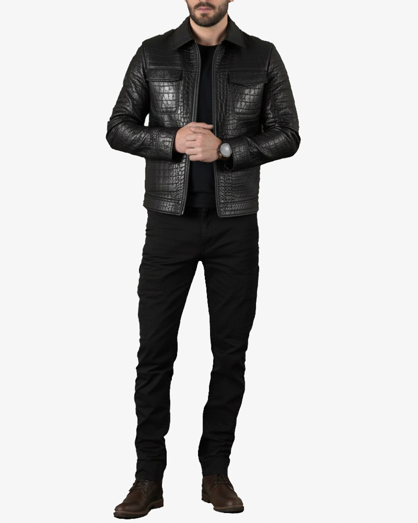 Men’s Black Crocodile-Embossed Leather Jacket