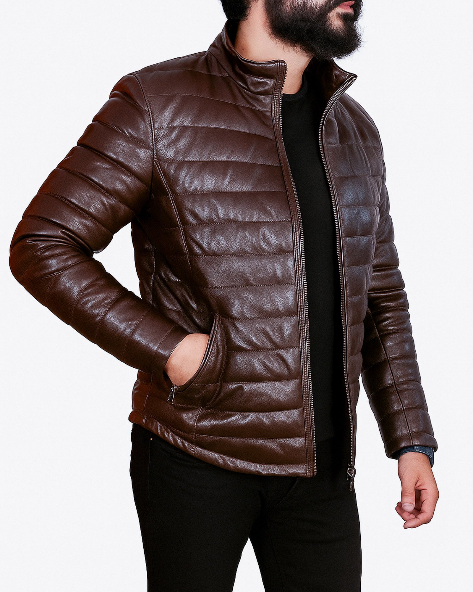 Brown Leather Puffer Jacket For Men