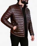 Brown Leather Puffer Jacket For Men