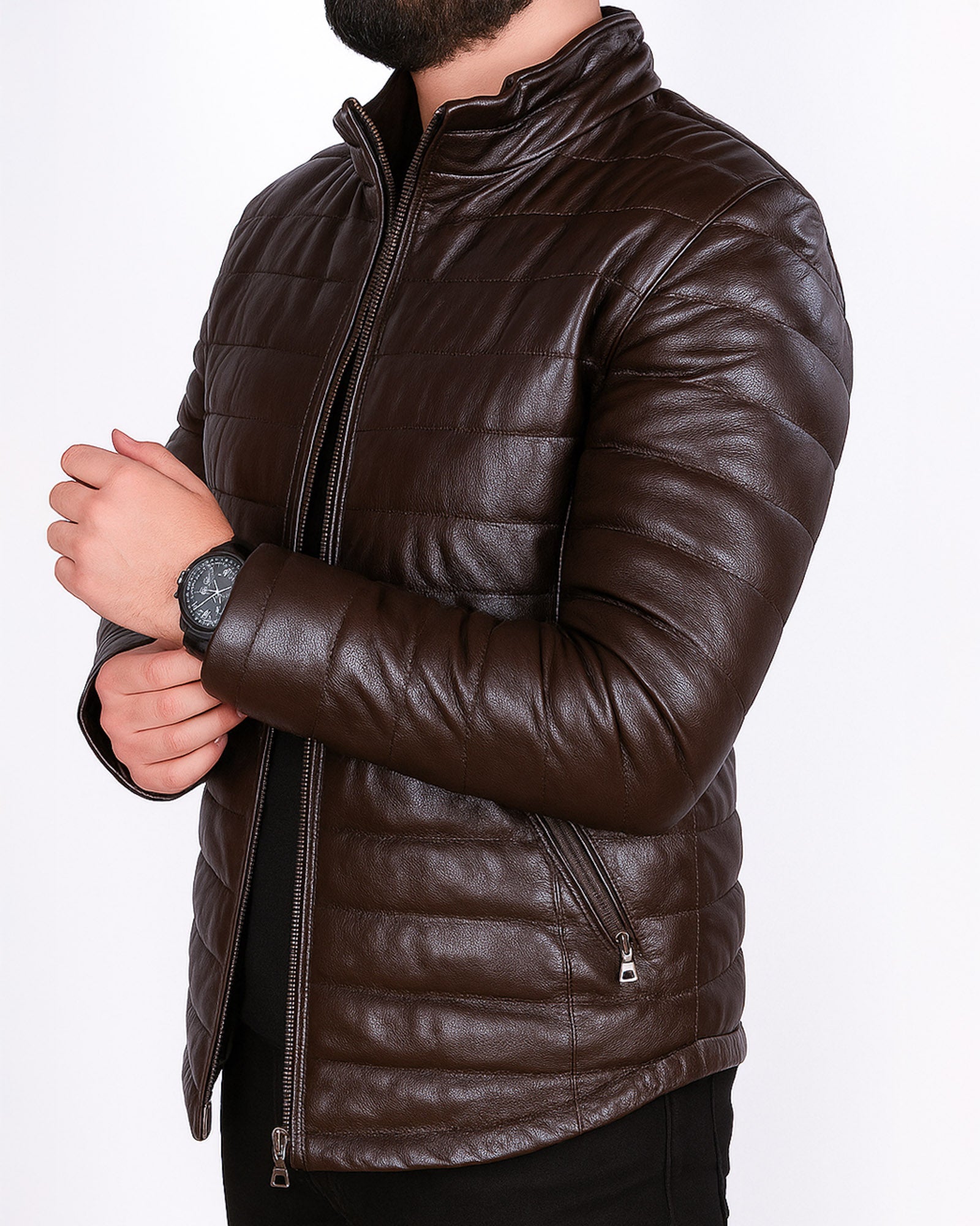 Brown Leather Puffer Jacket For Men