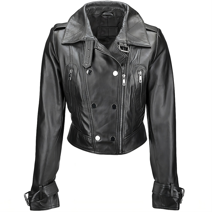 Button and Zip Combo Biker Leather Jacket