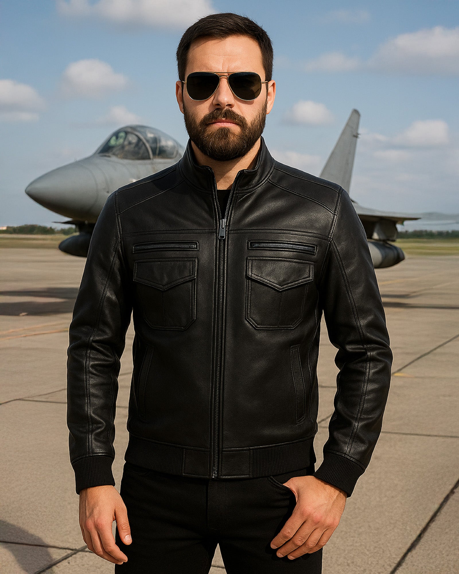 Obsidian black leather pilot jacket