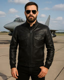 Obsidian black leather pilot jacket