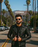 Black leather biker jacket for men
