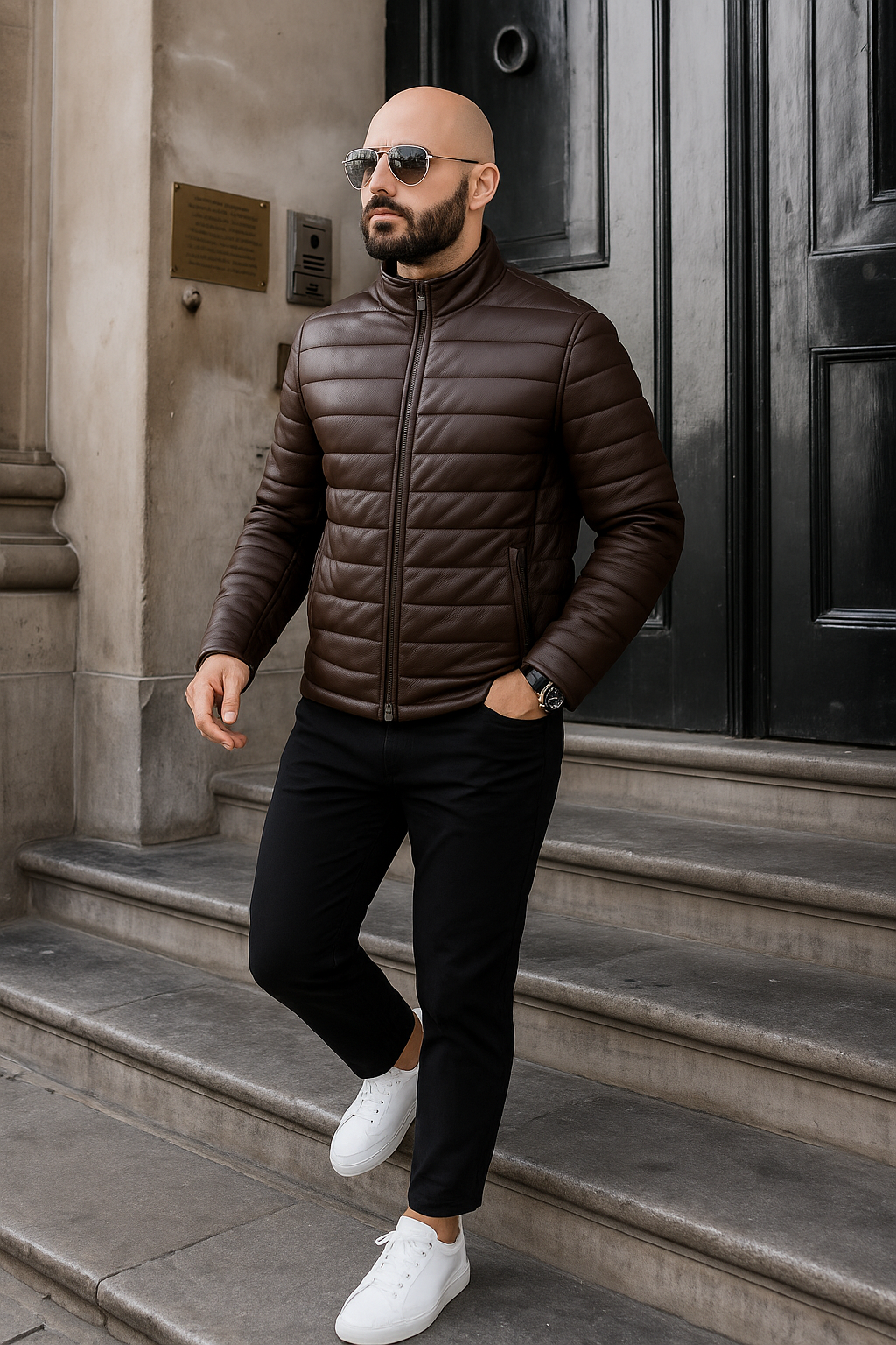 Brown Leather Puffer Jacket For Men