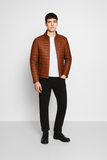 Tobacco Leather Puffer Jacket For Men