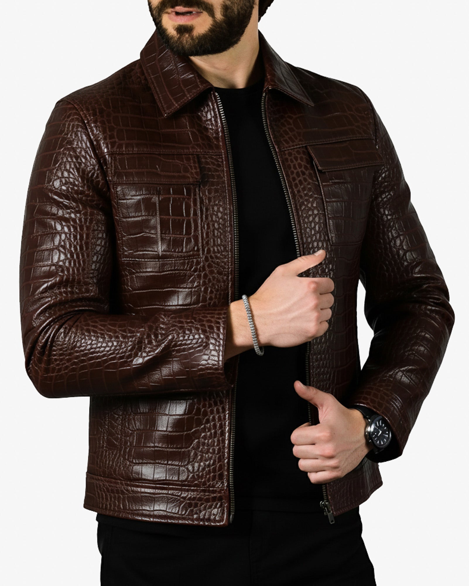 Men’s Brown Crocodile-Embossed Leather Jacket