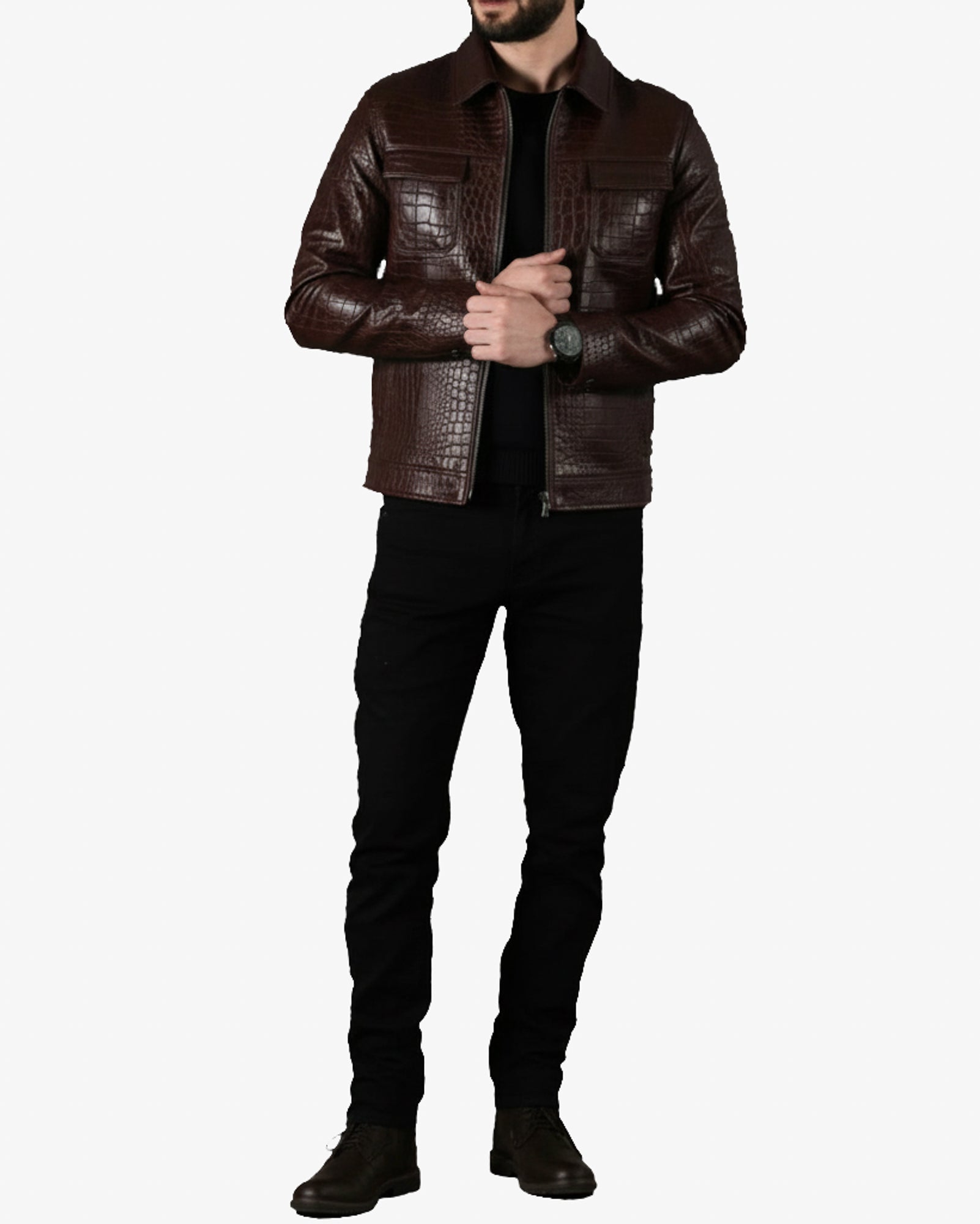 Men’s Brown Crocodile-Embossed Leather Jacket