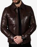 Men’s Brown Crocodile-Embossed Leather Jacket