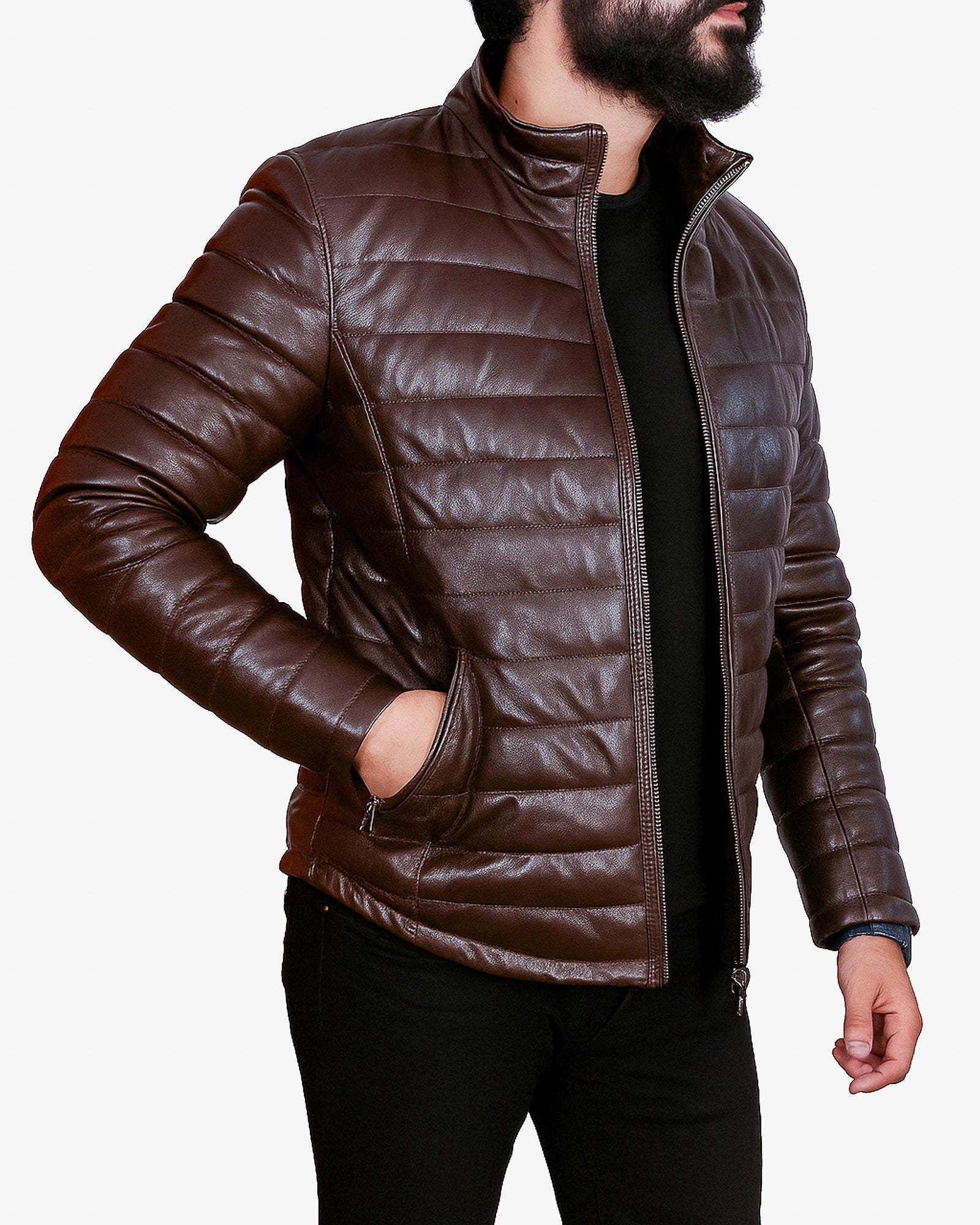 Brown Leather Puffer Jacket For Men