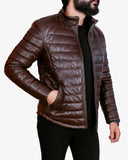Brown Leather Puffer Jacket For Men
