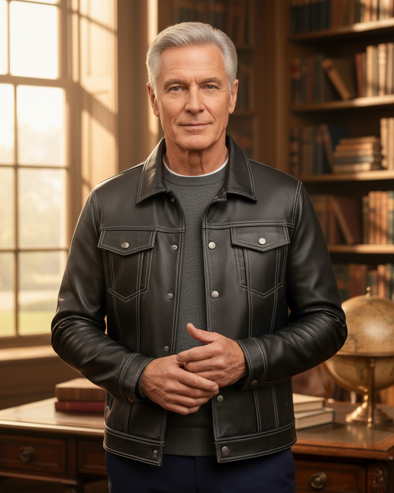 Black Leather Trucker Jacket for Men