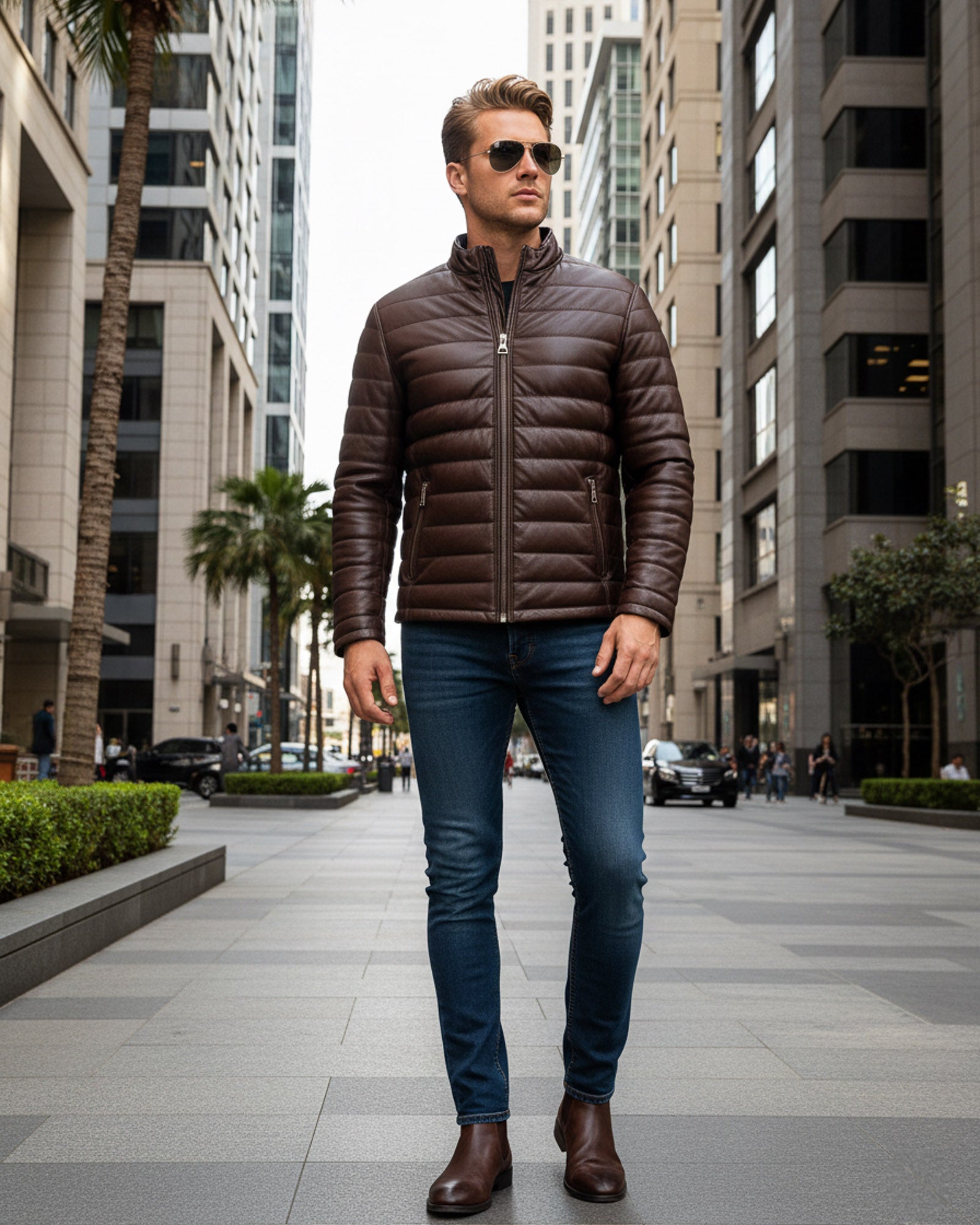 Brown Leather Puffer Jacket For Men
