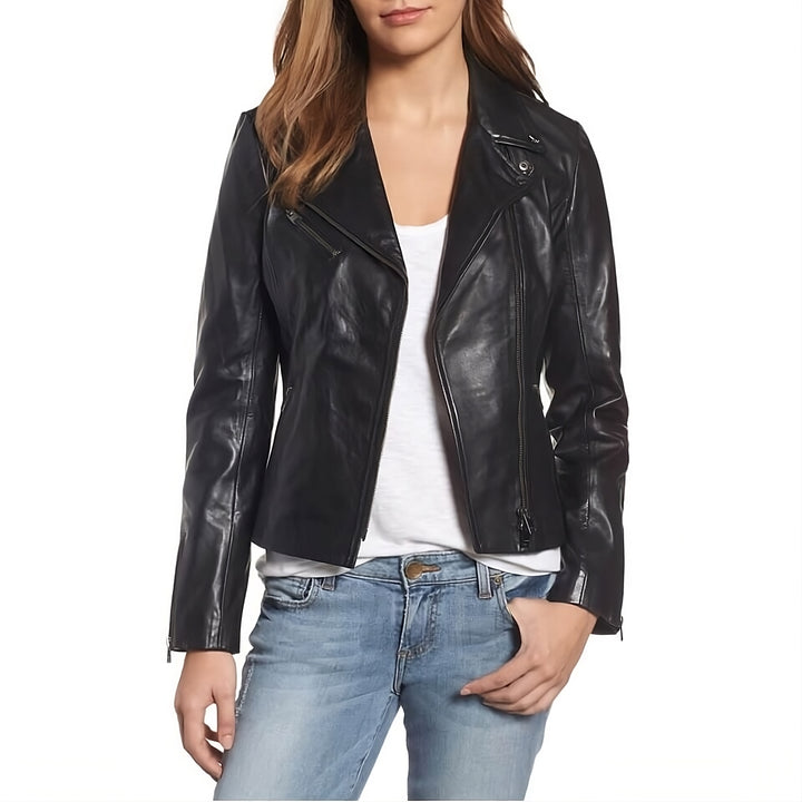 Minimal Asymmetrical Zip Leather Biker Jacket