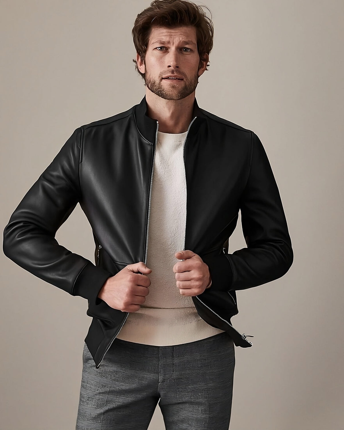 Minimalist Moto Leather Bomber Jacket