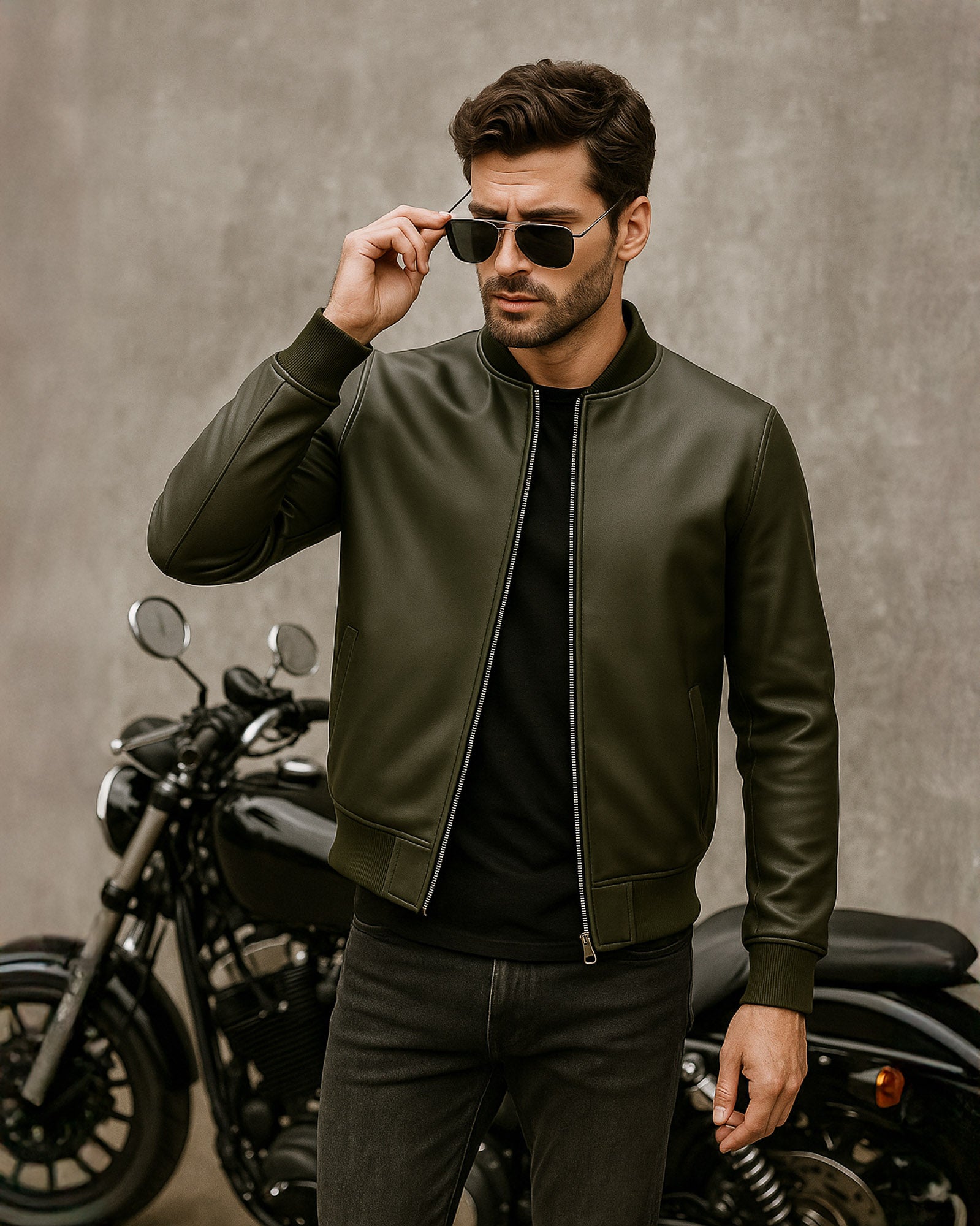 Premium Olive Leather Bomber Jacket