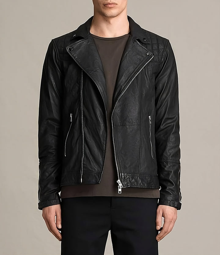 Quilted Shoulder Biker Leather Jacket